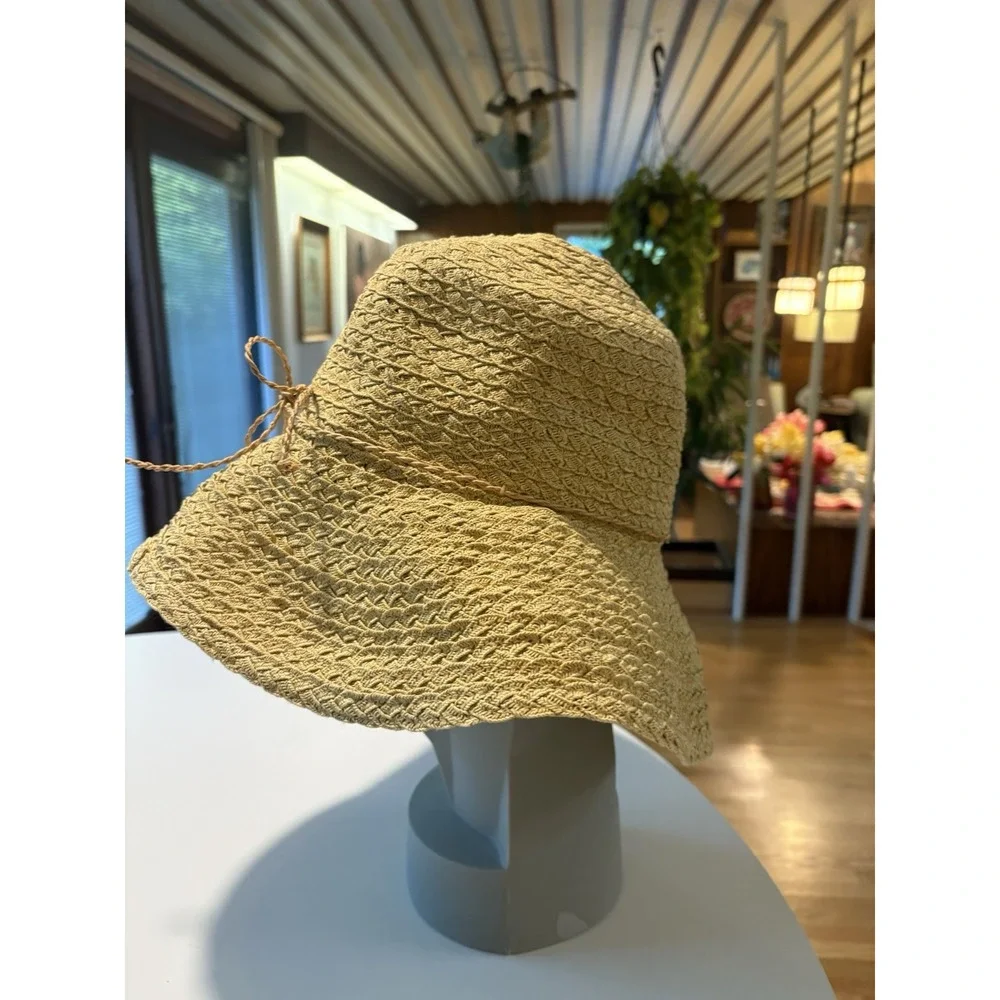 Talbots‎ Woven Straw Sun Hat Wide Brim Paper Cotton Blend With Bow Natural Tan